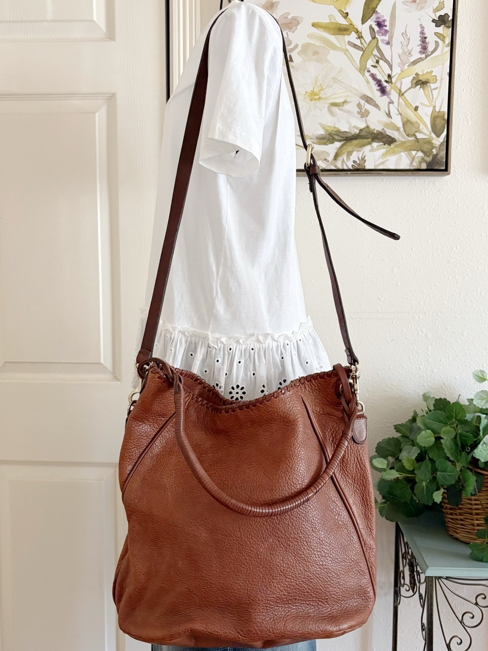 Massimo Dutti  Brown Leather Large Hobo Crossbody Tote Bag